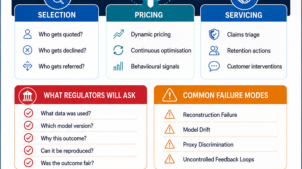 Infographic titled The AI Pricing Governance Gap about insurance pricing, with selection, pricing, servicing, risks, and governance controls.