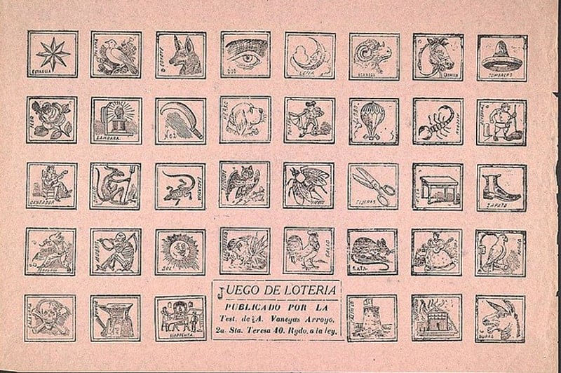 A vintage Mexican Lotería card featuring black and white illustrations of iconic symbols such as "El Gallo," "La Estrella," and "La Luna," organized in a grid. This historical version of the game shows how the symbols used in Lotería have evolved over time, reflecting Mexican culture and tradition. This connects to the post's exploration of the Mexican Lottery's origins and its transformation into a beloved cultural icon.
