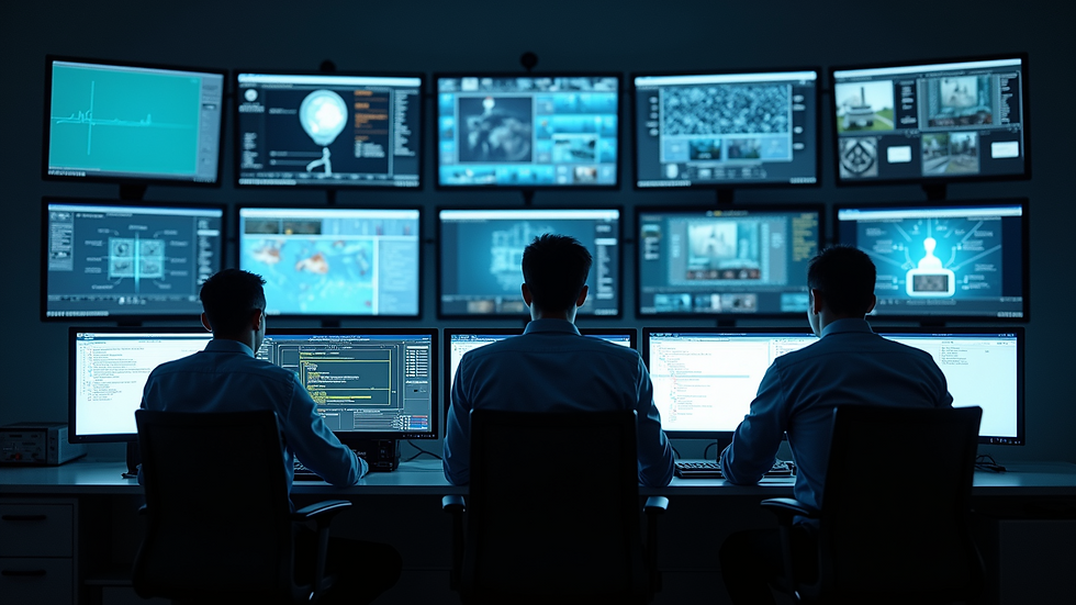 High angle view of a security control room with multiple monitors