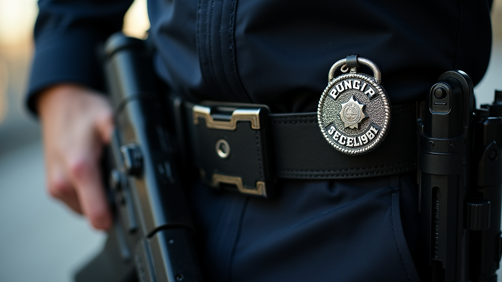 Close-up view of a security badge and firearm on a belt