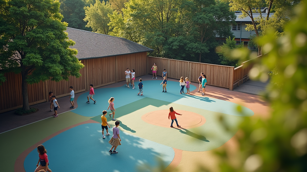 High angle view of a school playground with children playing safely
