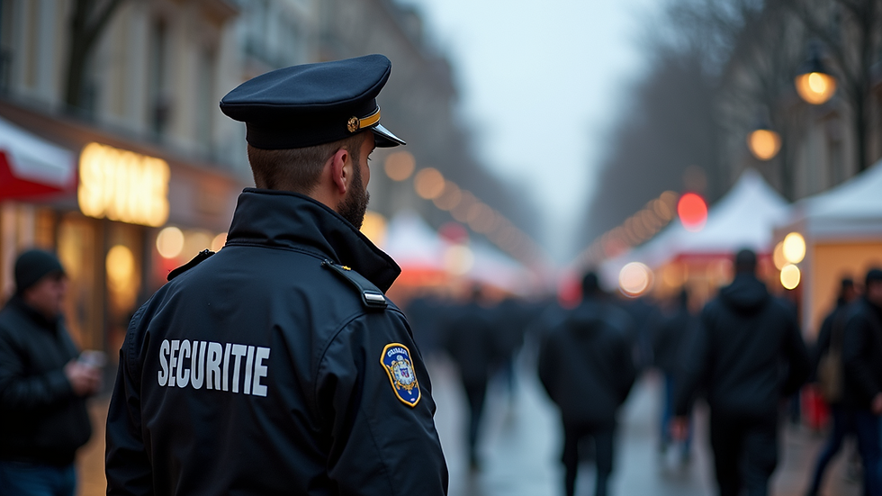 Eye-level view of a security guard standing watch at a public event