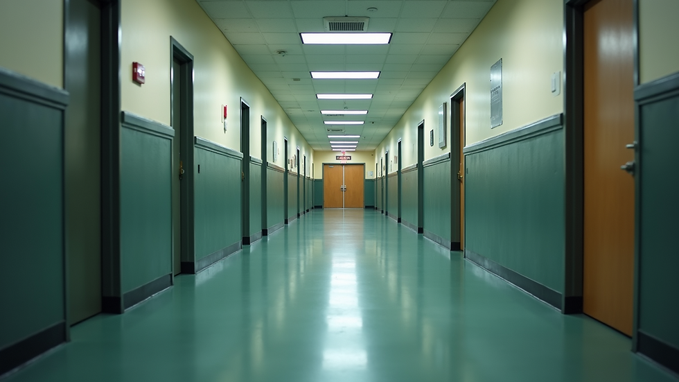 Eye-level view of an empty school hallway with closed doors