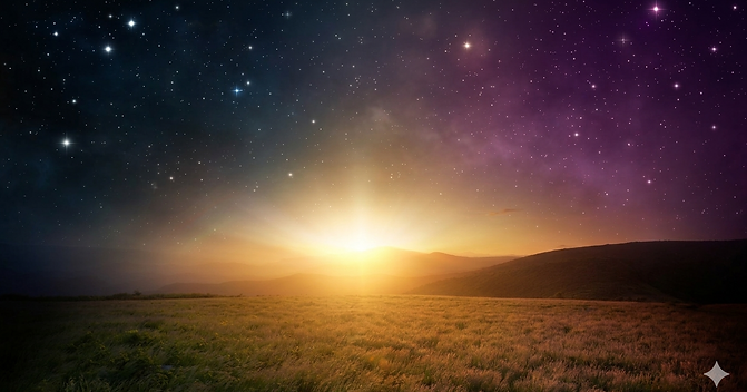 A wide, panoramic landscape capturing a dramatic transition between night and day over rolling hills and a grassy field.