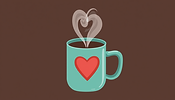A digital illustration of a teal mug of coffee with a red heart on it. The steam rises from the cup in the share of a heart.