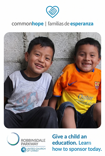 A blue handshake heart logo, text "commonhope | familias de esperanza," and two smiling Guatemalan boys in branded t-shirts sitting against a cinder block wall.