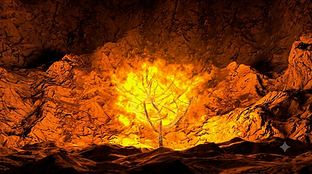 Bare tree surrounded by vibrant glowing fire against a dark, rugged rock face.