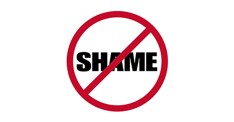 The word 'SHAME' in bold black capital letters, centered inside a red 'prohibited' circle with a diagonal strike-through.