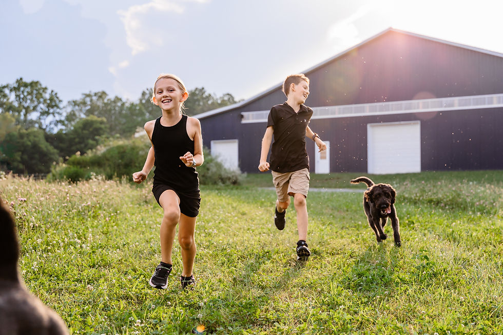 Two smiling kids run through a grassy field with a black dog beside a barn in bright sunlight. Family Photographer. Geneva Family Photographer, Wheaton Family Photographer, Chicagoland Family Photographer, Family photographer with dogs, Dog photographer