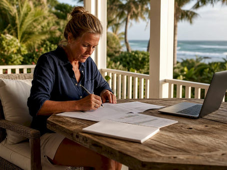 Property manager reviewing rental income on beachfront deck