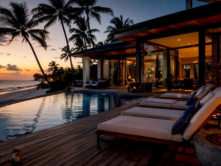 Modern luxury beach house exterior at sunset