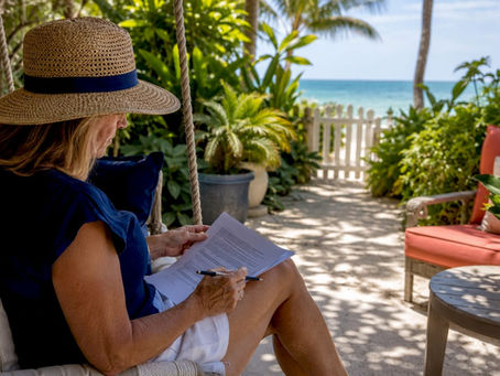 Woman reviewing beach rental occupancy rules outside