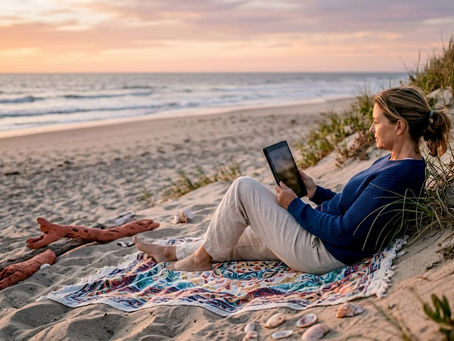Woman browsing fall beach vacation rentals on beach