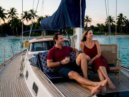 Couple enjoying luxury yacht near Captiva Island at sunset