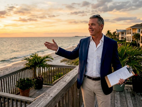 Real estate agent discussing beachfront homes on shore