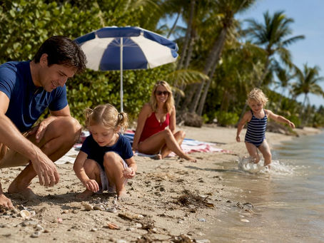 Family playing safely at Captiva Island beach