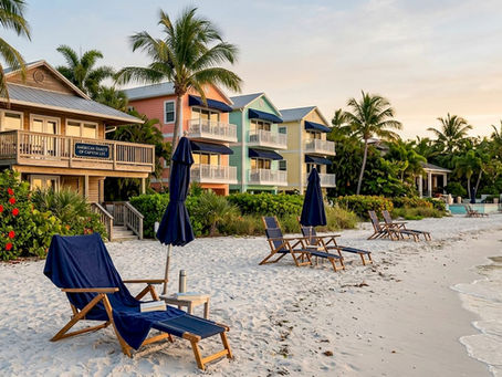Wide view of various beach accommodations by the shore