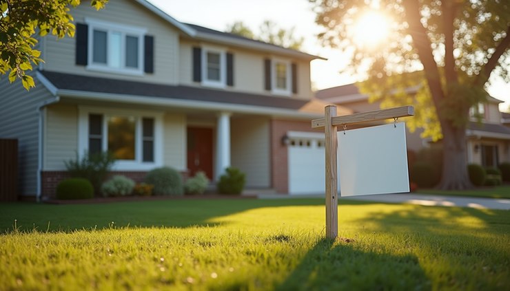 Eye-level view of a suburban house with a "For Sale" sign in the yard