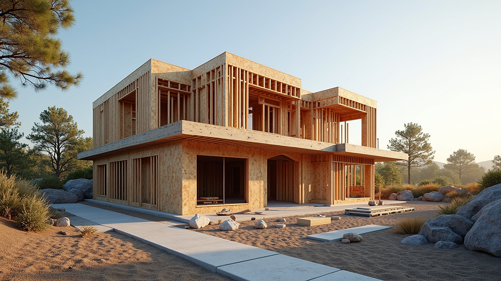 Wide angle view of a luxury home under construction with framing and scaffolding