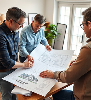 Create a photo of homeowners and an architect collaborating over a house plan in an office