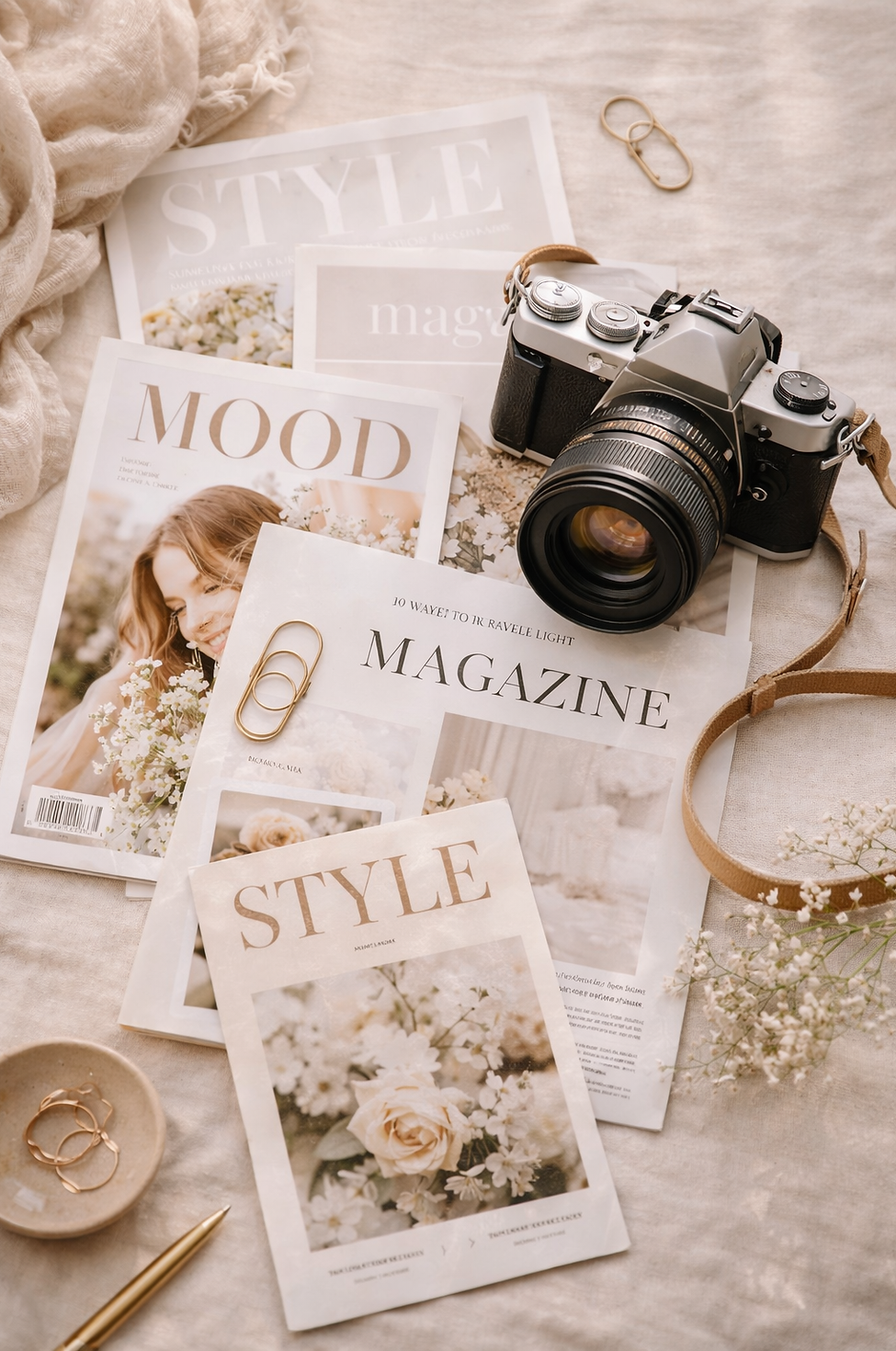 Vintage DSLR and soft textures flat lay