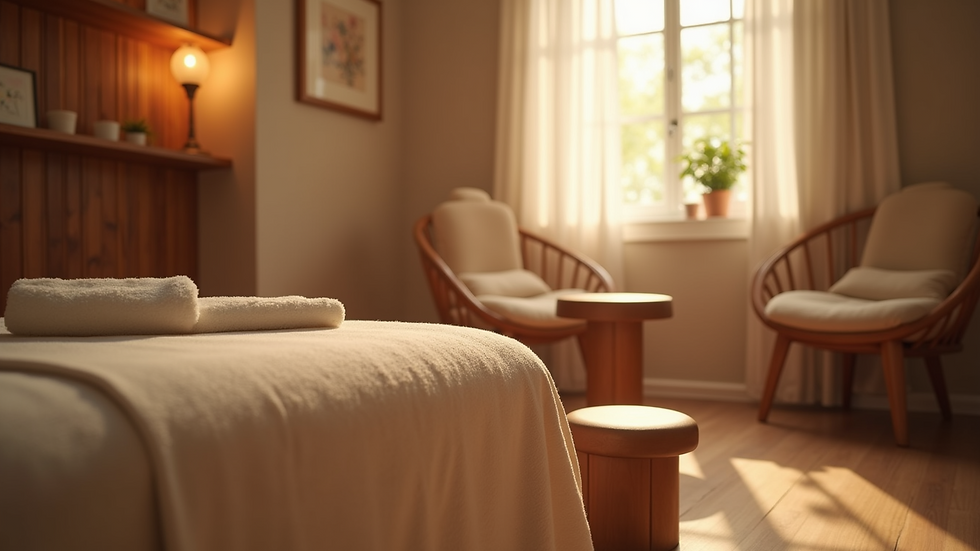Eye-level view of a cozy massage room with a reflexology foot stool
