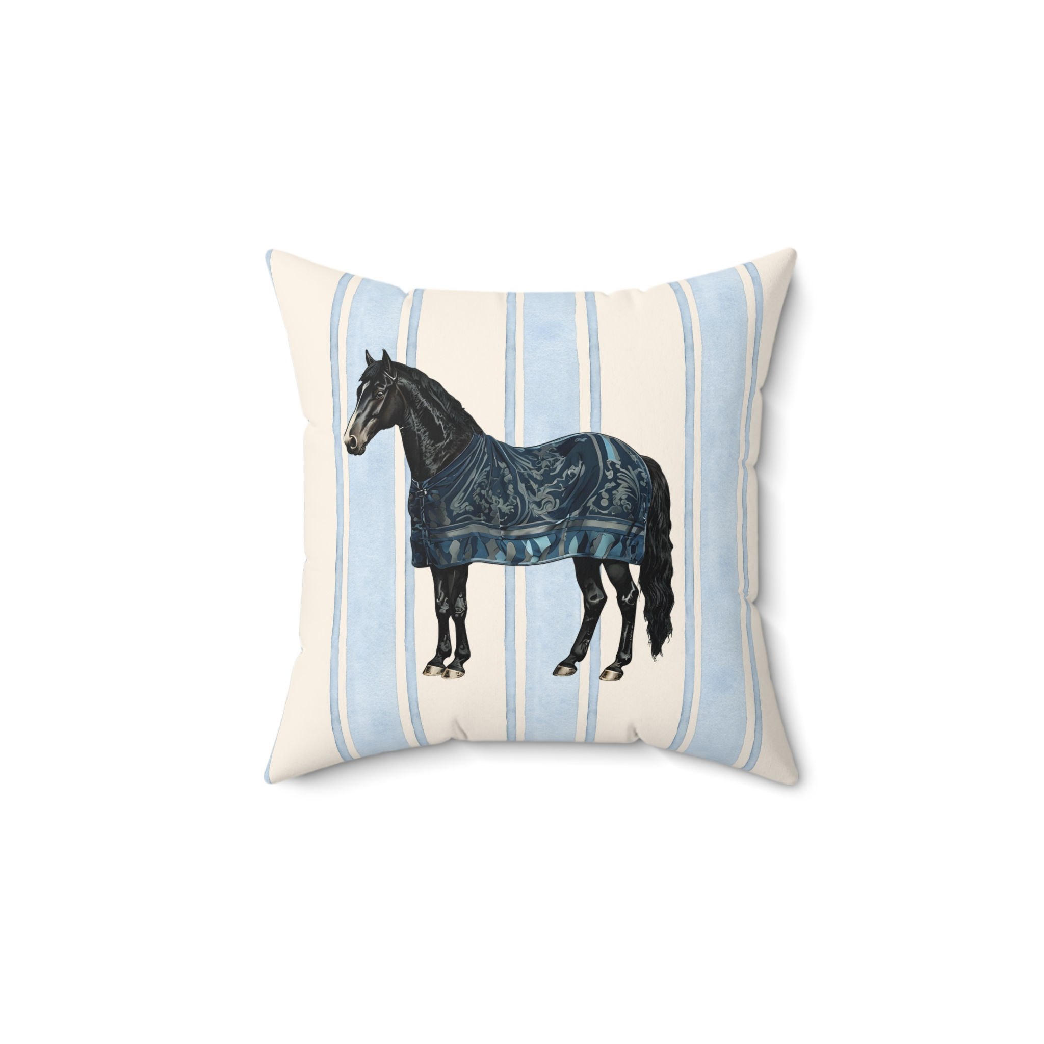 Vintage Blue Stripe Black Horse Pillow