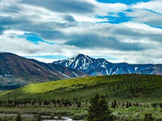 A panoramic view of the Alaskan valleys before the peaks of a mountain in Denali National Park