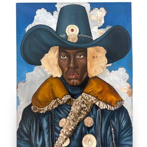A black man dressed as a cowboy with vibrant blues and orange tones