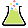 Erlenmeyer com borda preta, conteúdo verde e quadrados saindo dele nas cores amarelo, azul e rosa.