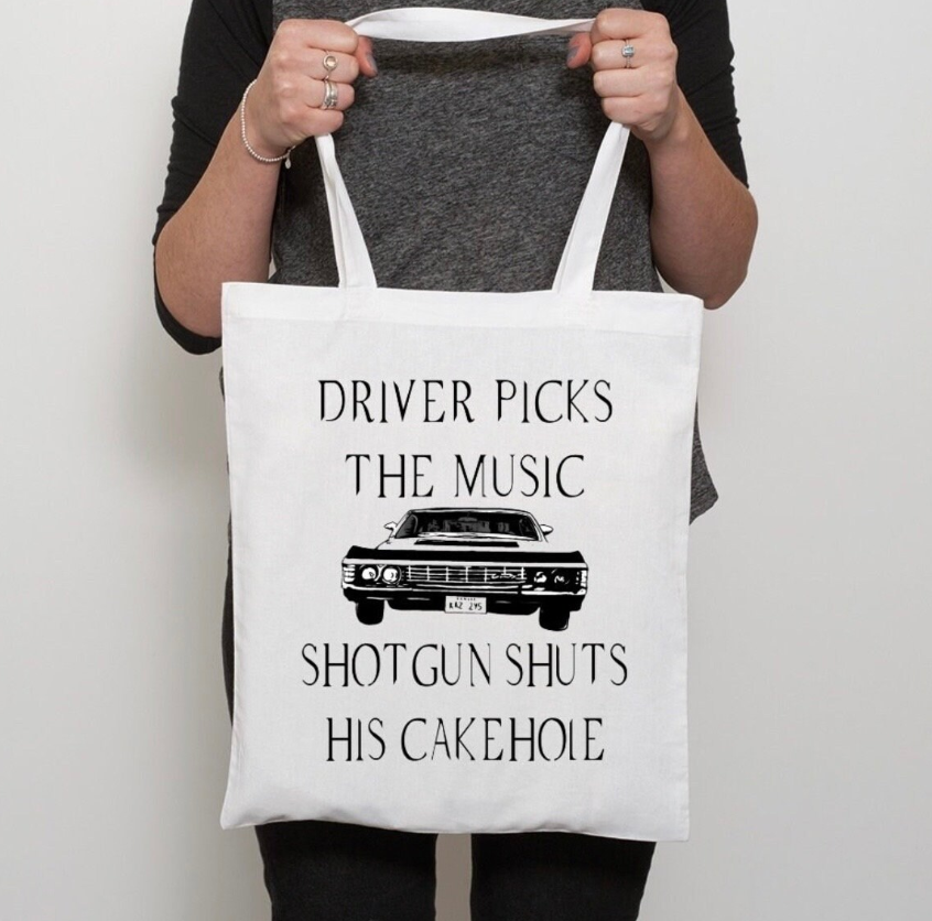 Front View Of Driver Picks The Music Supernatural Inspired Tote Bag
