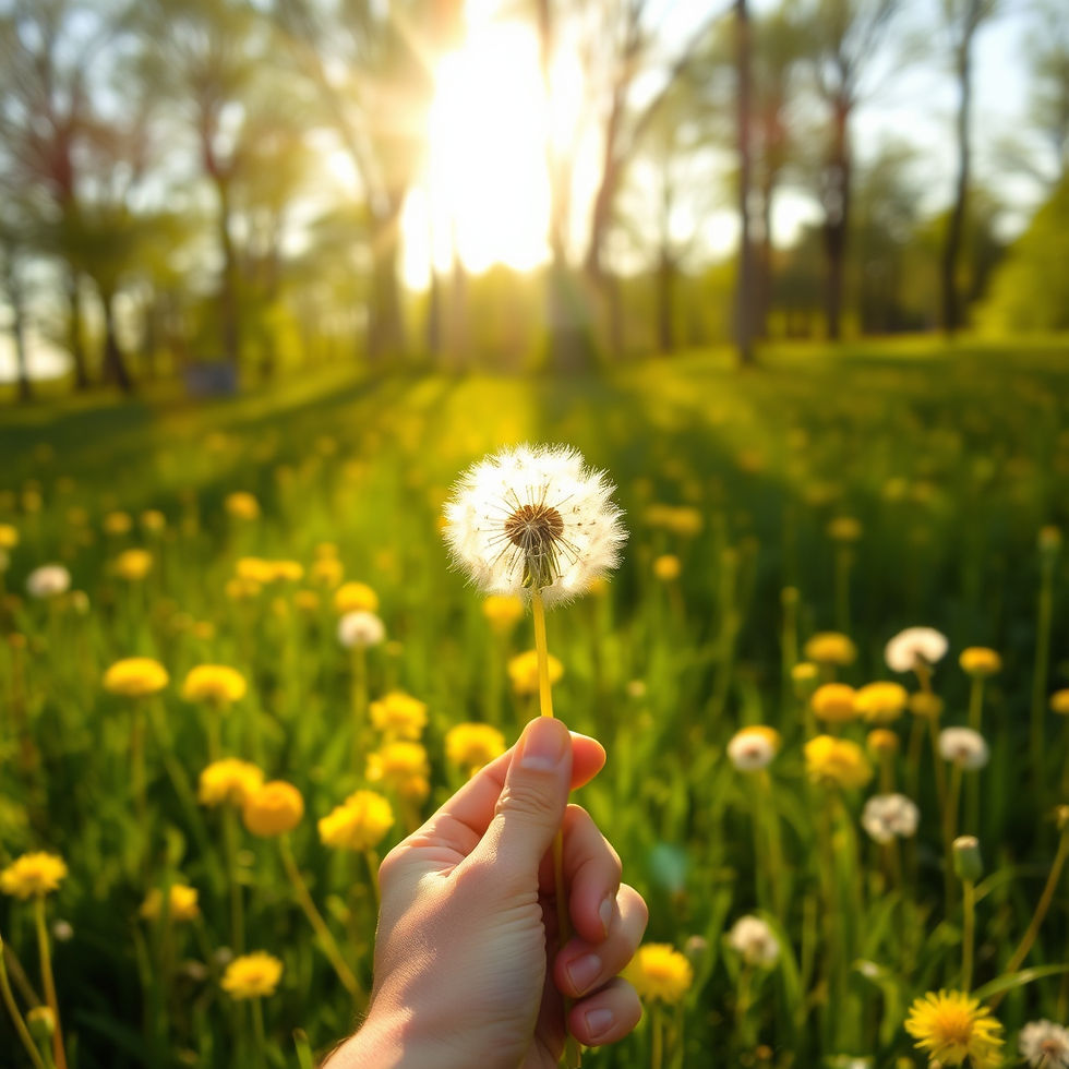 hand picking a dandelion in a field with sunlight shining on the field through the trees.