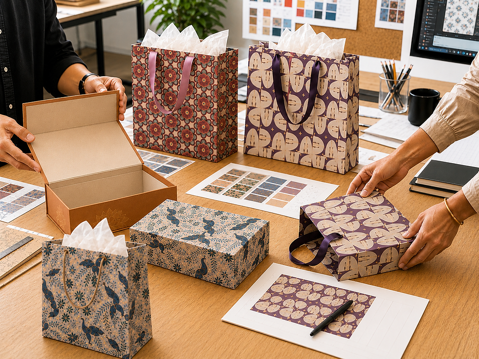 Patterned gift bags and boxes on an office desk
