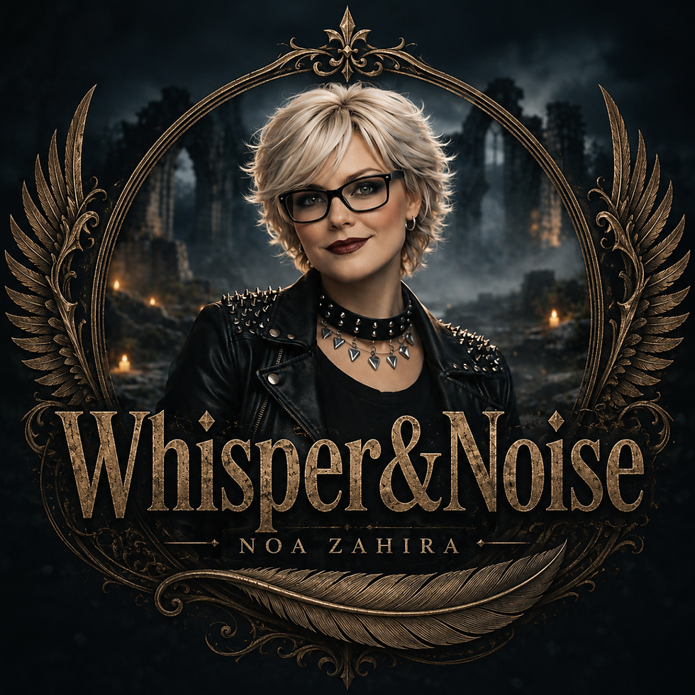 DistroKid Künstlerprofil von Noa Zahira – Portrait Noa Zahira zwischen Federflügeln. Schriftzug Whisper&Noise