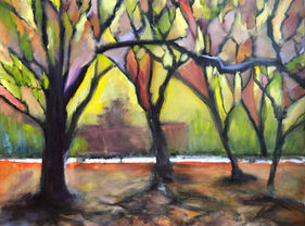 Autumn landscape acrylic abstract red orange trees yellow