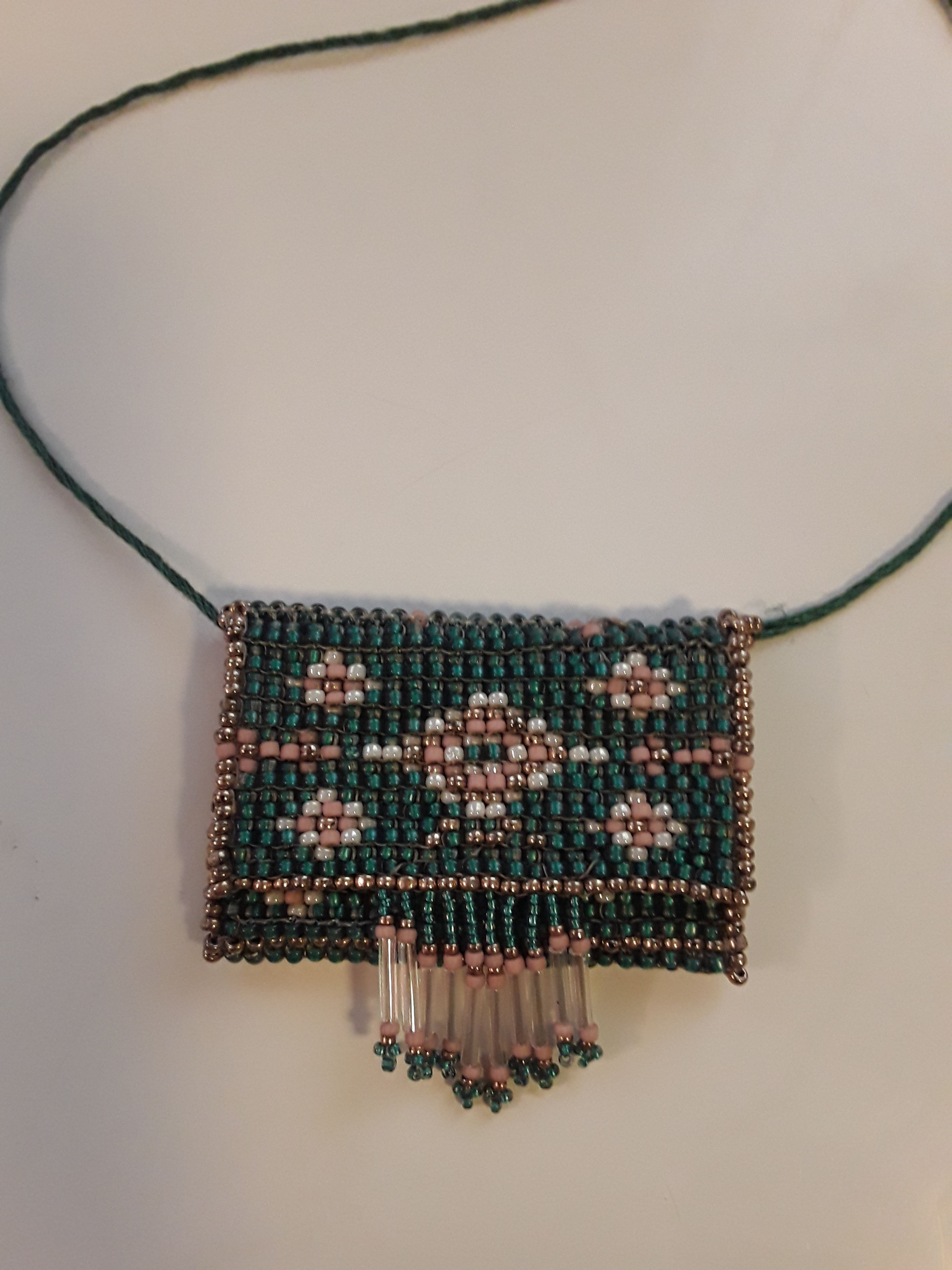 Green, White and Peachy Beaded  Pouch