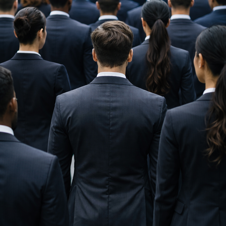 people wearing matching suits conforming together standing