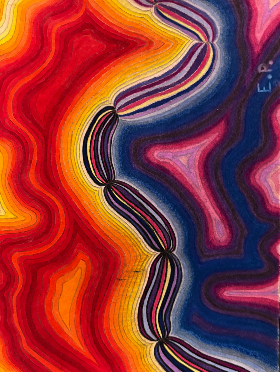 A mesmerizing abstract artwork with organic, fluid shapes and a striking color contrast, moving from fiery reds and yellows to calming blues and purples, creating a sense of movement and depth.