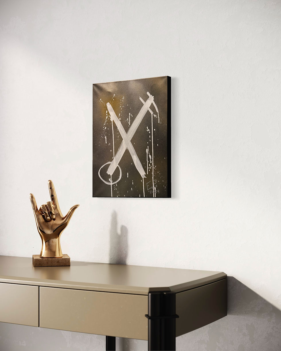 abstract painting white x with black and gold background hung on call