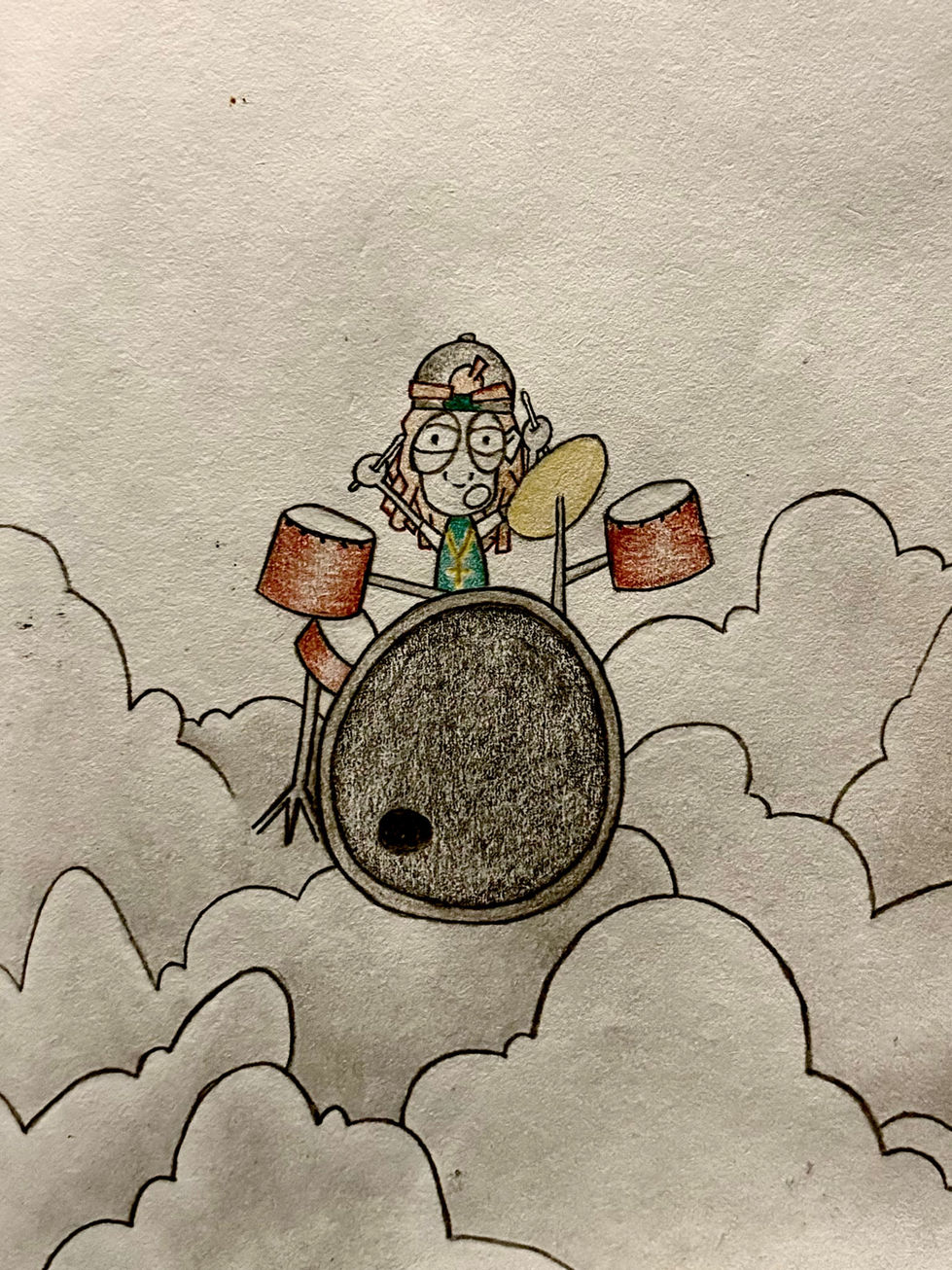 Inspired by Kid Cudi's 'Rose Golden,' this drawing shows a character playing drums amidst clouds, symbolizing the freedom of doing your own thing and 'grooving to your own drum.