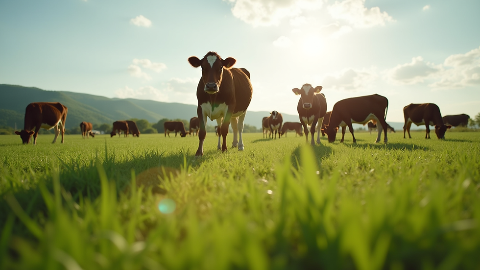 Eye-level view of a green pasture with grazing cattle