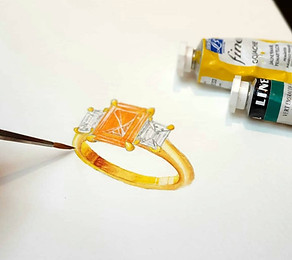 A drawing of a ring, painted in yellow and white, with a paintbrush positioned at an angle and two paint tubes beside it.