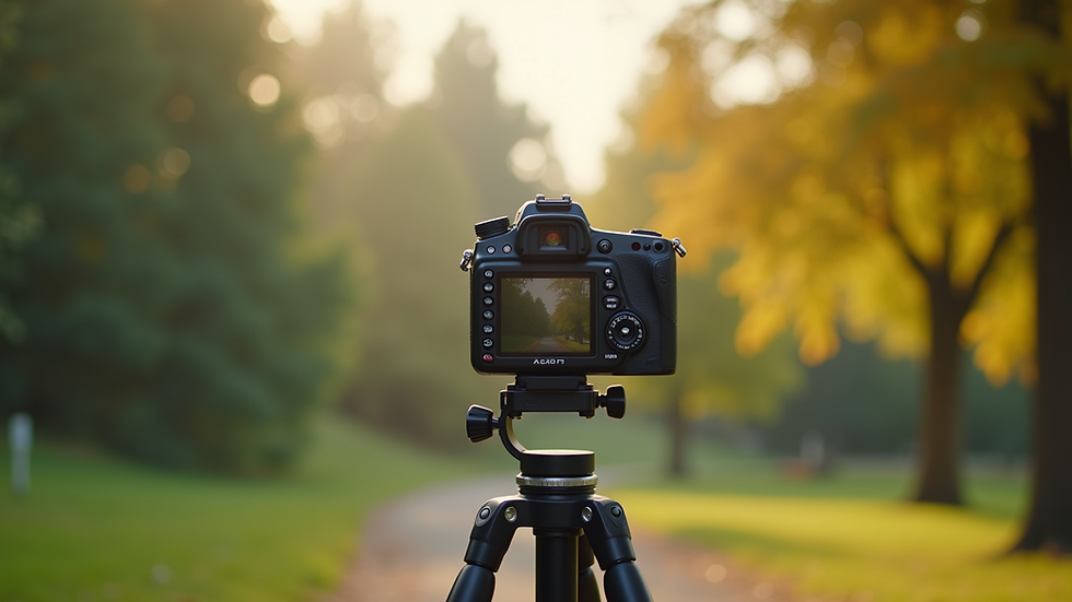 Eye-level view of a camera setup on a tripod in a lush outdoor setting