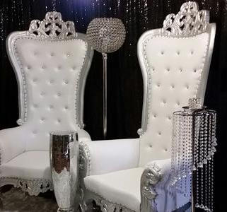 SILVER CHAIRS, Silver chandelier stand, Silver columns. Two of each available