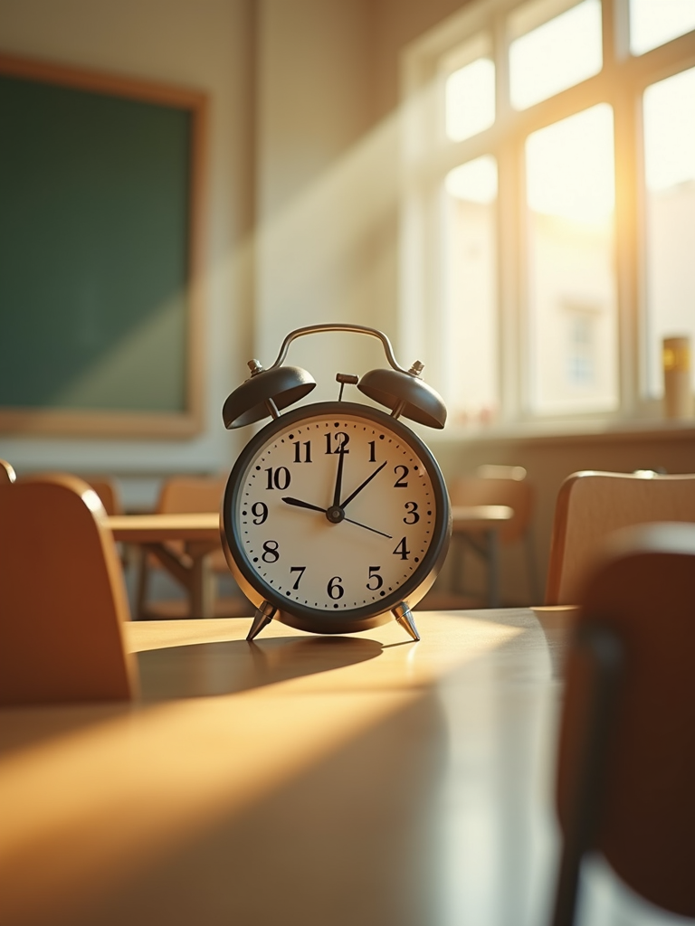 Gentle morning sunlight illuminating a classroom clock.