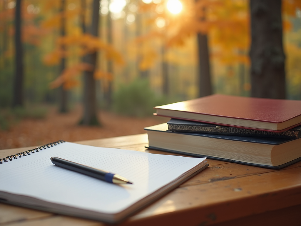 A collection of autumn themed school supplies and books on a wooden desk.