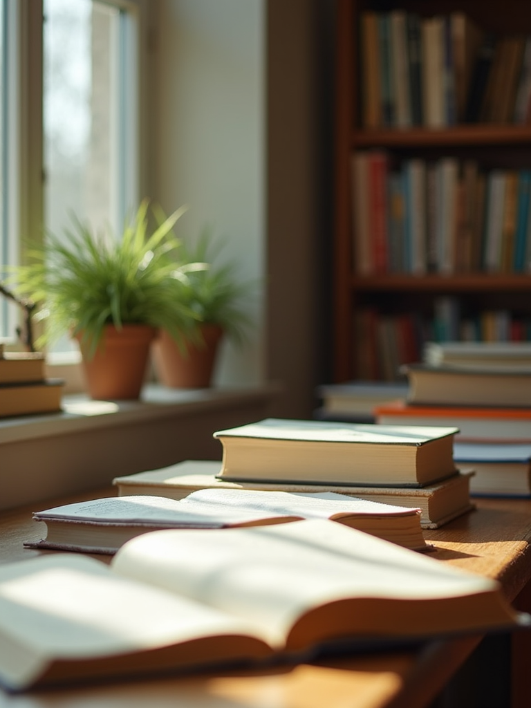 A focused study environment with open books in the afternoon.