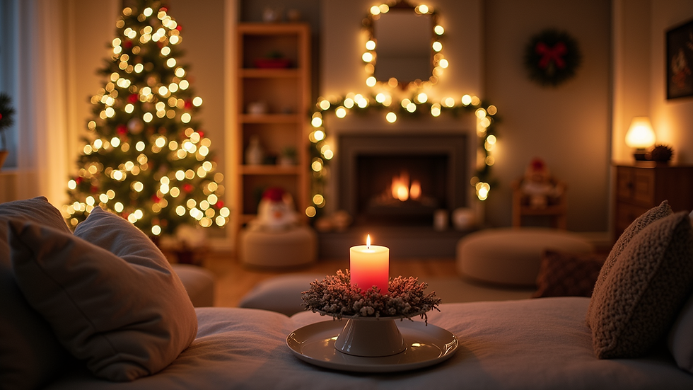 Close-up view of a cozy living room with warm lighting and winter decorations