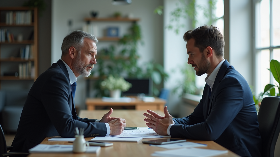 Wide angle view of financial advisors discussing strategies