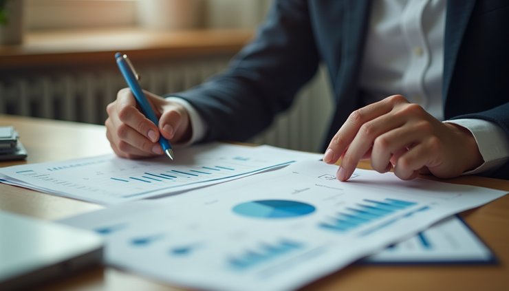 Eye-level view of a person reviewing financial charts and notes on a wooden desk